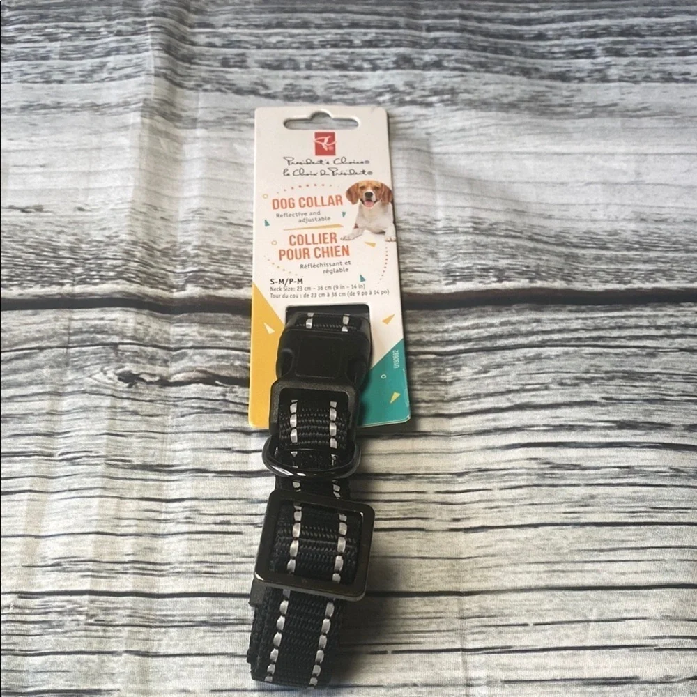 Reflective & Adjustable Black Dog Collar with White Accents Sz Small